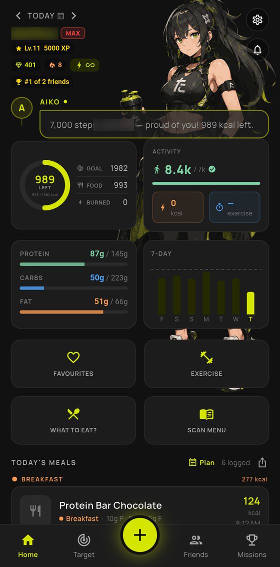 The TabetAI dashboard with companion, calorie ring, macros and streak