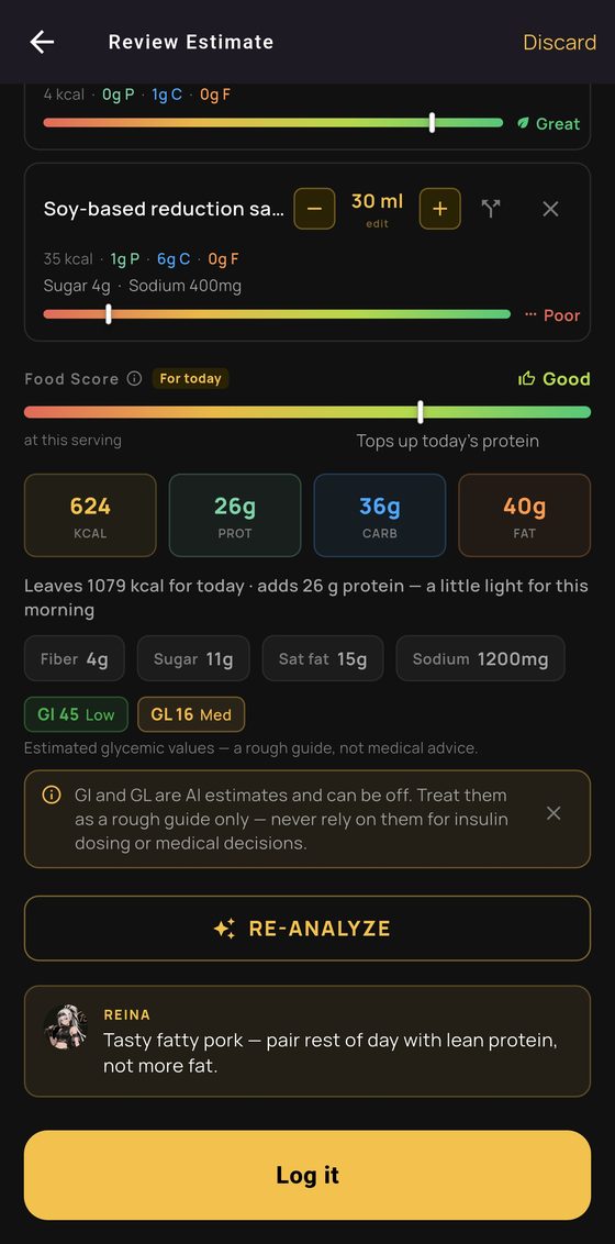 Further down the Review Estimate screen: the meal's calories, protein, carbs and fat, its Food Score and the Log it button