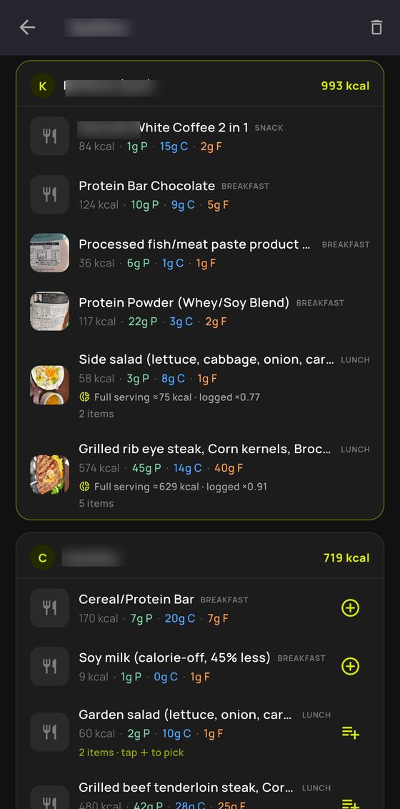 Group tracking: see what everyone ate and copy a meal into your own log