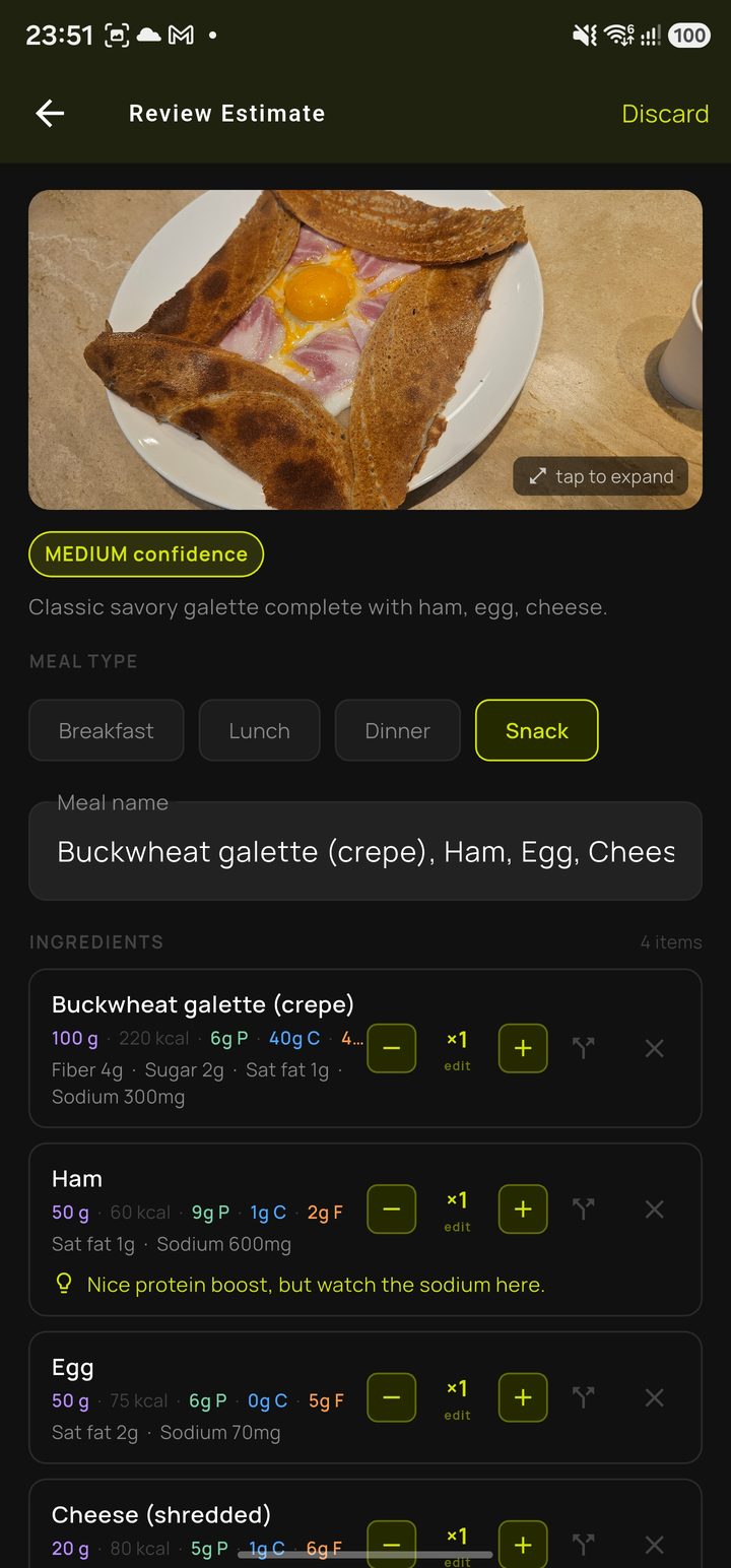 Reviewing the per-ingredient AI estimate